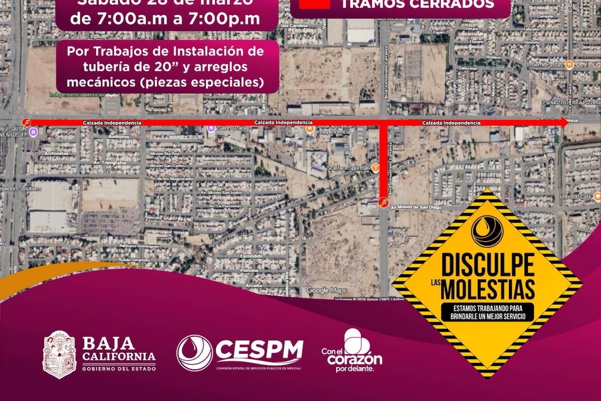 CESPM anuncia cierre total de vialidades por trabajos de infrestructura hidráulica en Mexicali
