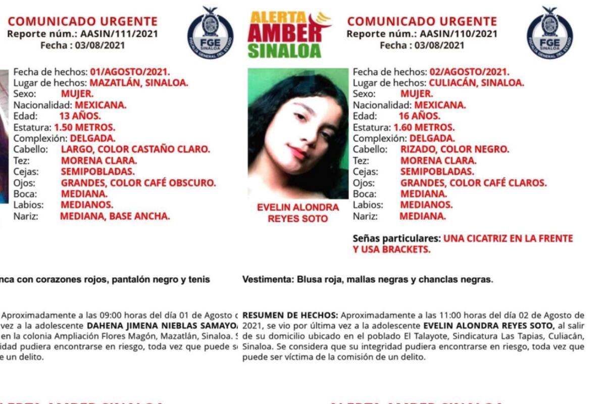 Desaparición de jovencitas en Sinaloa, activan Alerta Amber
