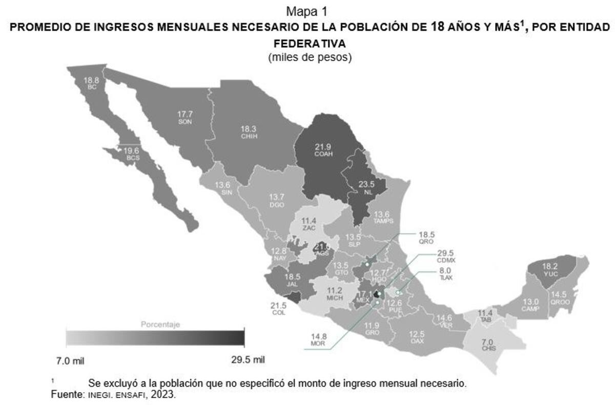 Mapa de promedio de ingresos mensuales necesarios para vivir bien por entidad.