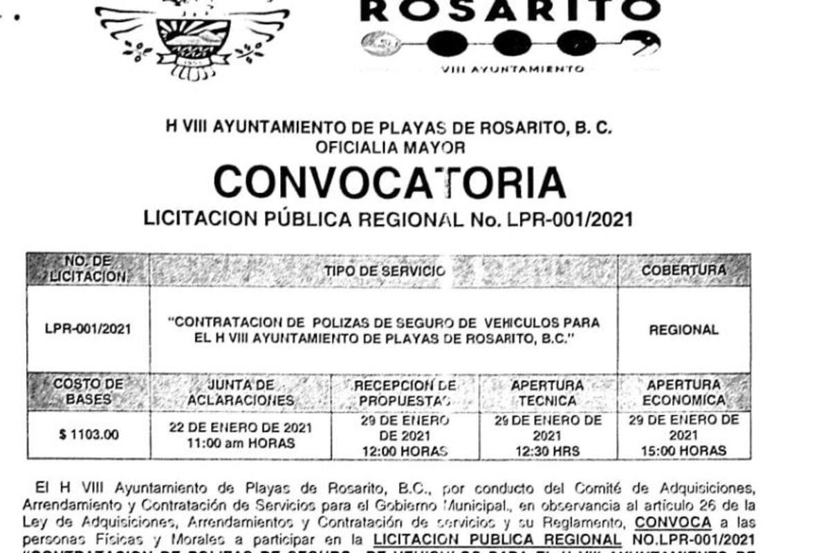 Invitan a licitación para seguro de vehículos de Ayuntamiento de Rosarito