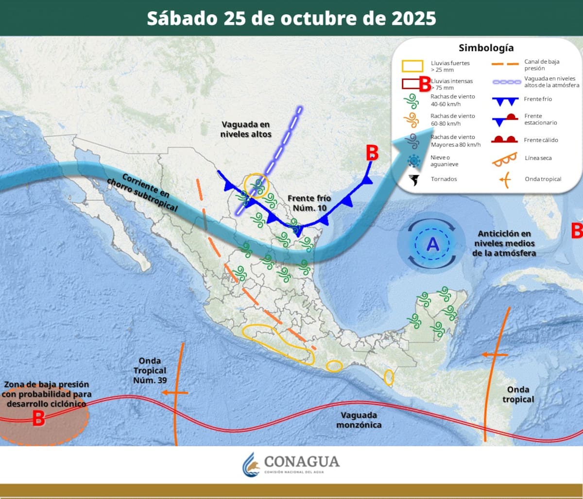 Pronóstico del clima para el sábado 25 de octubre del 2025. | Crédito: SMN