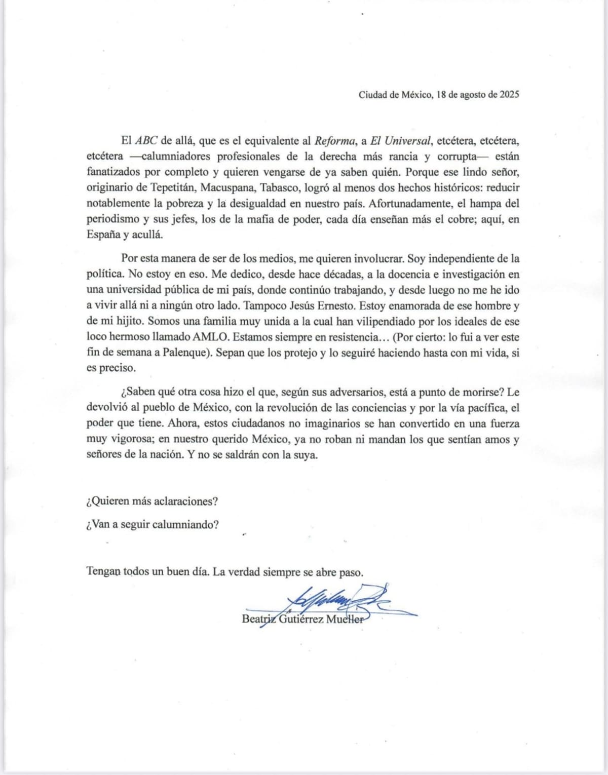 Carta de Beatriz Gutiérrez. | Crédito: X @BeatrizGMuller