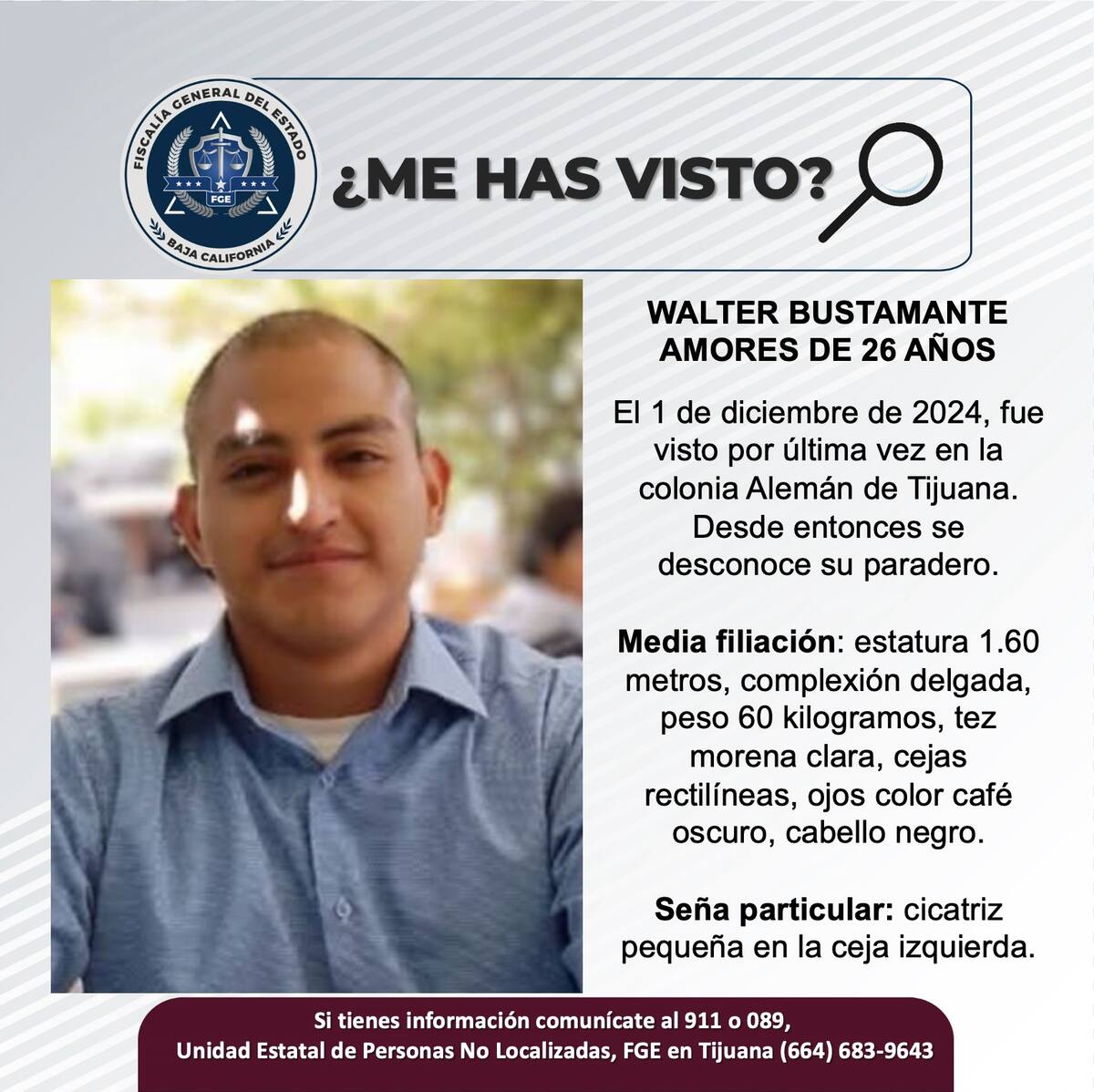 Walter Bustamante Amores fue vista por última vez el 1 de diciembre de 2024.