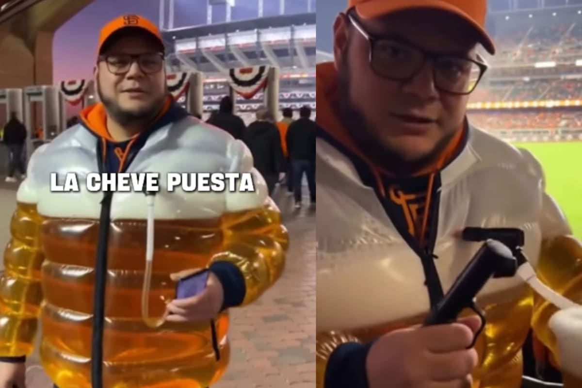“Todos se le quedaban viendo”: joven sorprende en un juego de béisbol con una chaqueta que también funciona como dispensador gigante de cerveza