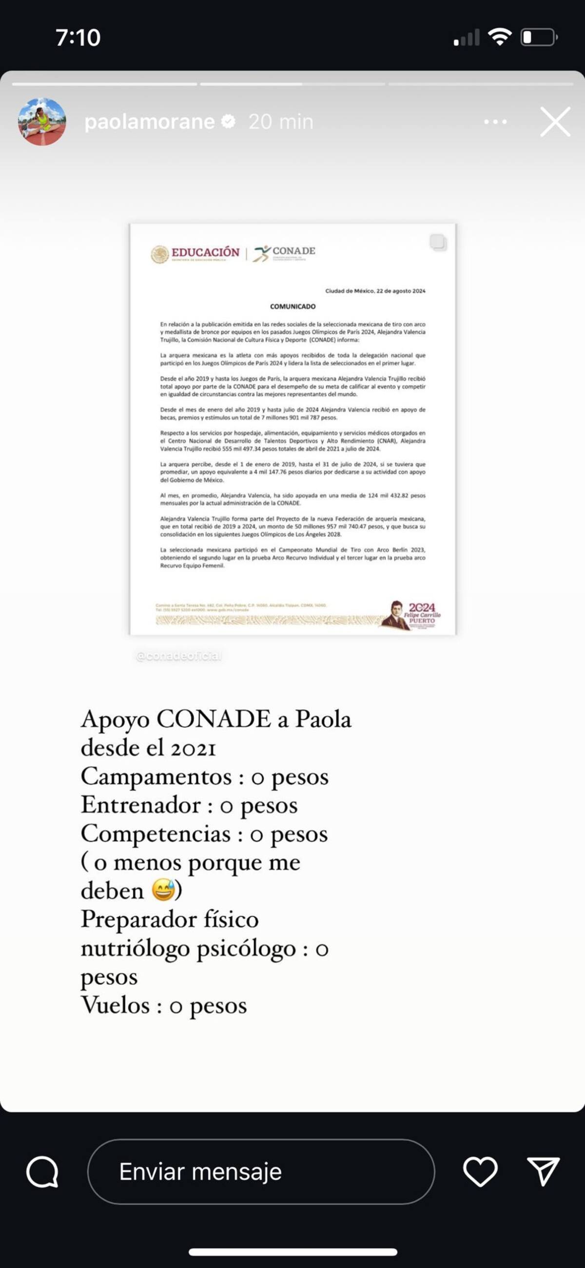 La atleta Paola Morán mostró su descontento ante la falta de apoyo de la Conade. / Foto: @paolamorane.