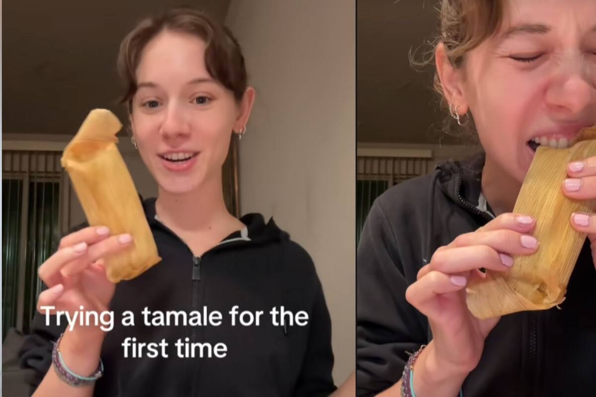 Mujer come un tamal mexicano por primera vez y se hace viral