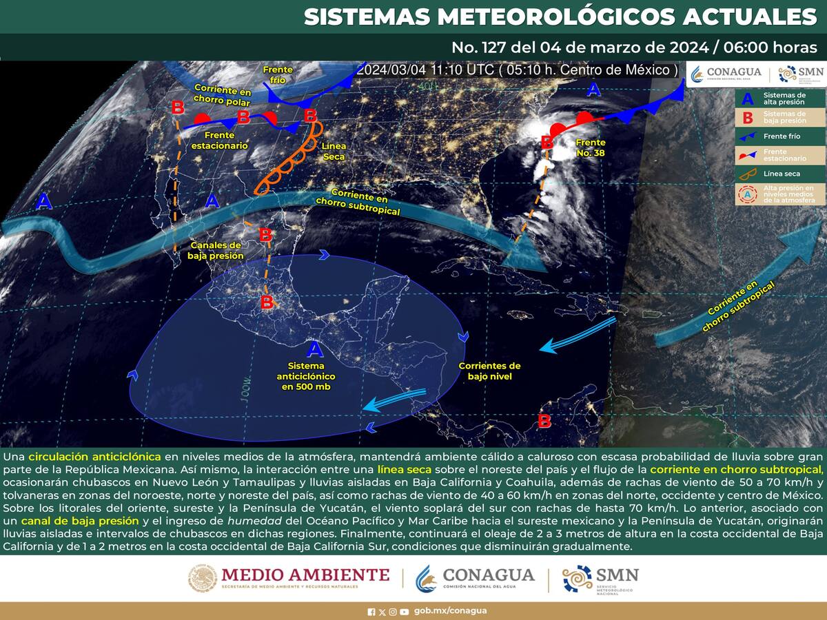 Esquema de la posible ruta del canal de baja presión que ingresará a México en las próximas horas.