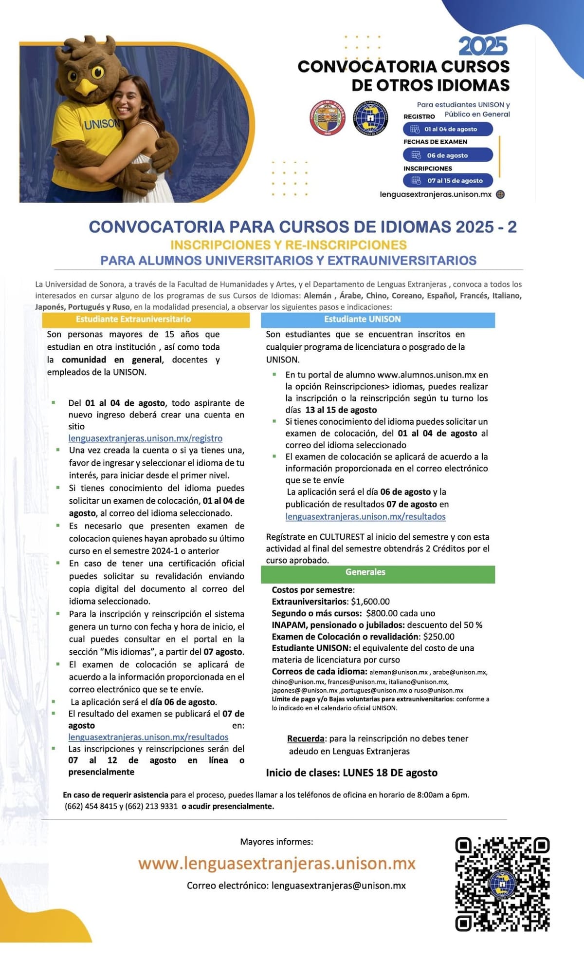 La Universidad de Sonora anunció la convocatoria para cursos de idiomas 2025-2 en modalidad presencial, incluyendo alemán, francés, japonés, chino y más.