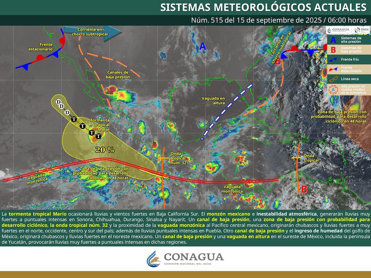 SMN alerta por lluvias y oleaje en México por la tormenta Mario. | Crédito: SMN