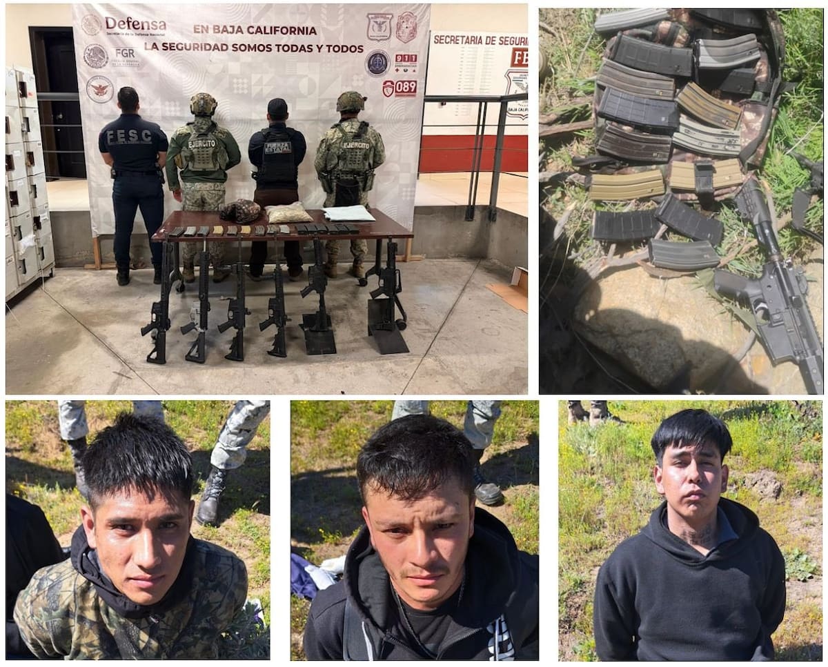 Autoridades detuvieron a tres hombres cerca del muro fronterizo en Tecate; se les aseguraron armas largas durante operativo. Foto: Cortesía