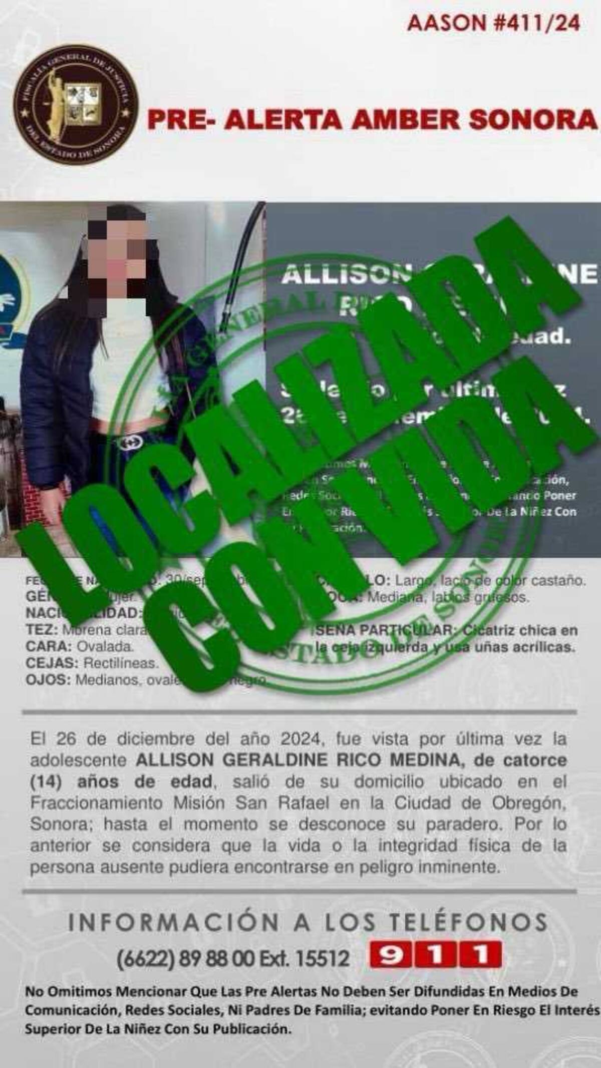 Durante su ausencia, Alison Geraldine "N" se mantuvo en contacto con su familia mediante redes sociales, explicando que no volvía por desacuerdos con sus padres.