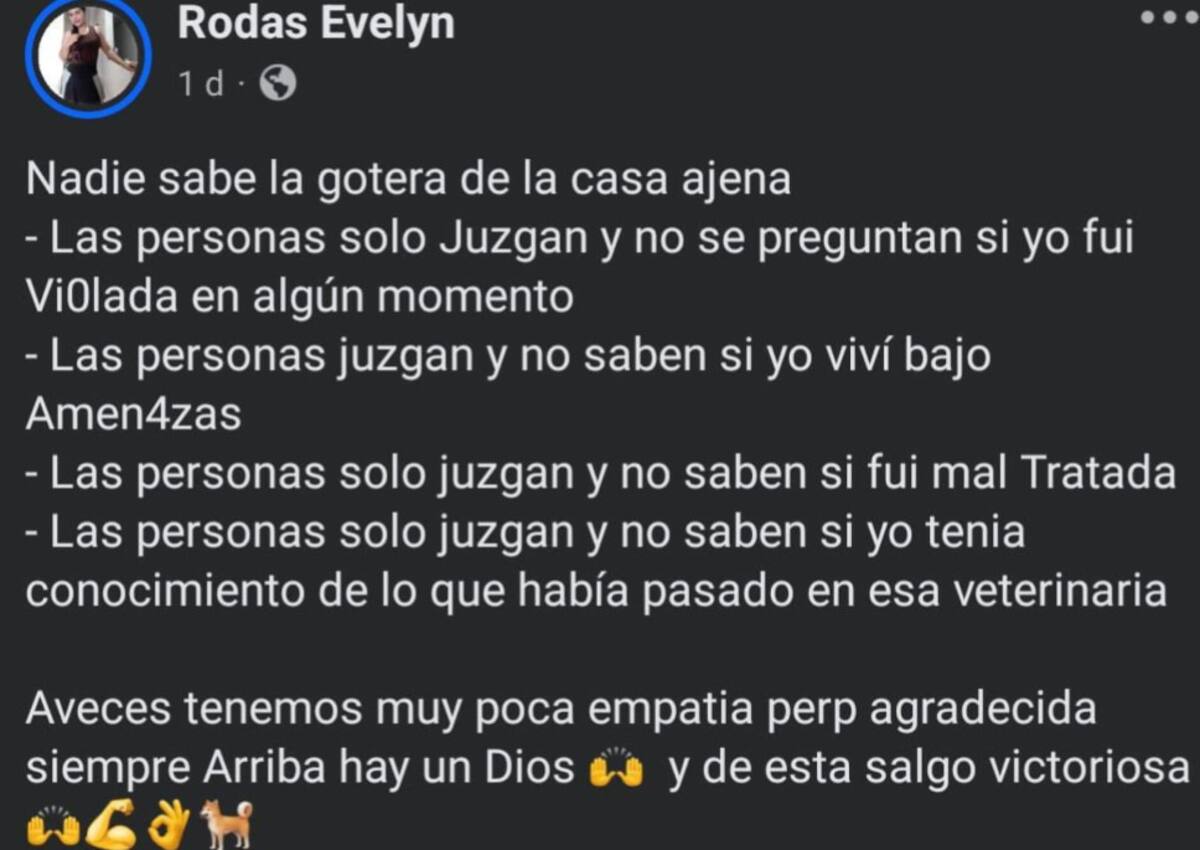 Captura de pantalla del mensaje de Evelyn Rodas, pareja del asesino de la niña Sofía. Foto: Especial/Facebook
