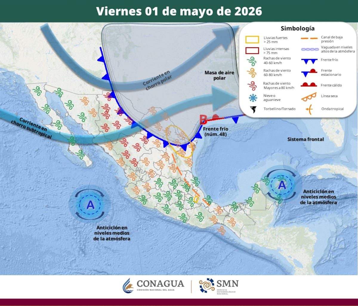 Pronóstico del clima para el viernes 1 de mayo del 2026. | Crédito: SMN