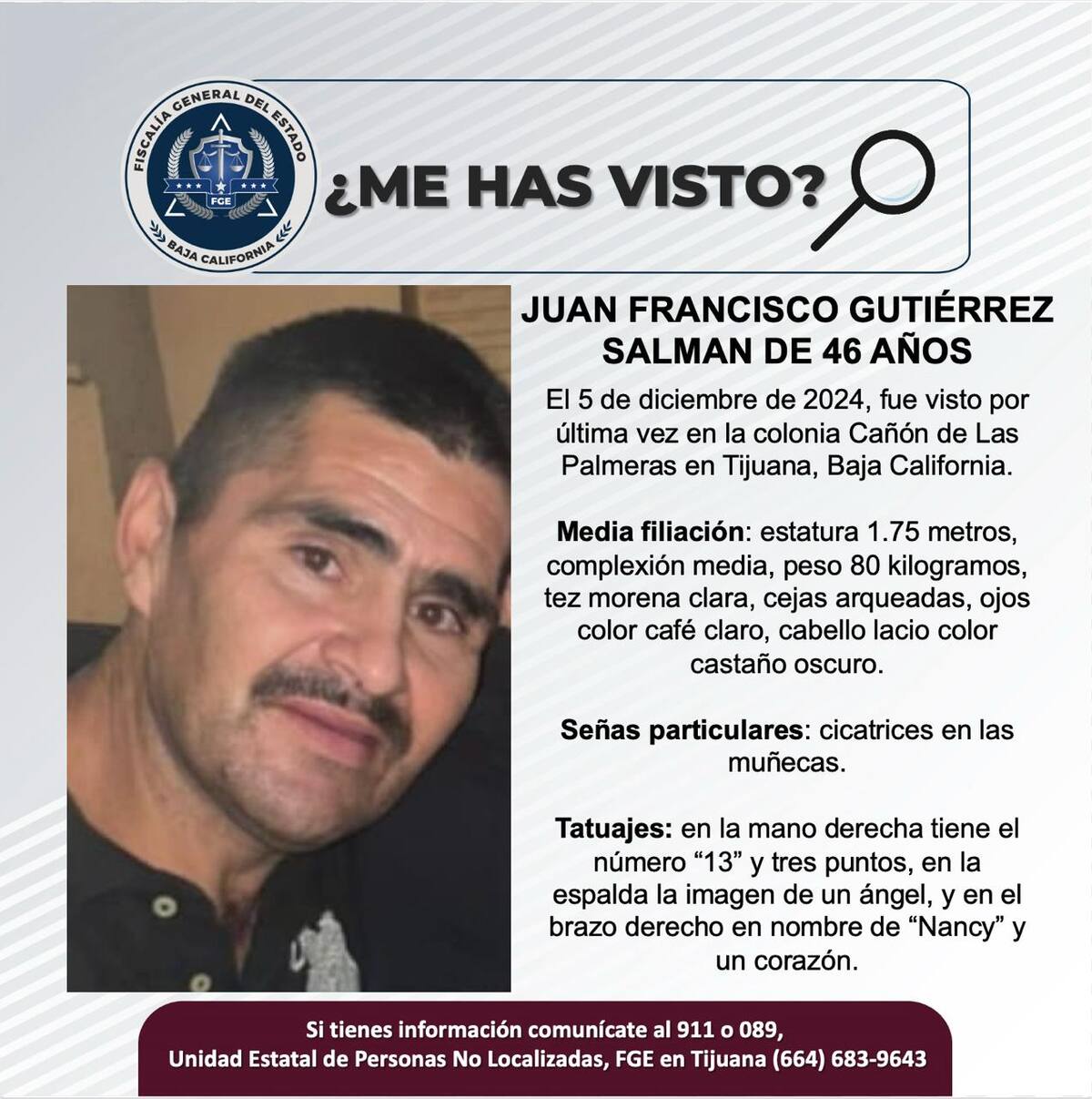 Juan Francisco Gutiérrez Salman fue visto por última vez el 5 de diciembre de 2024.