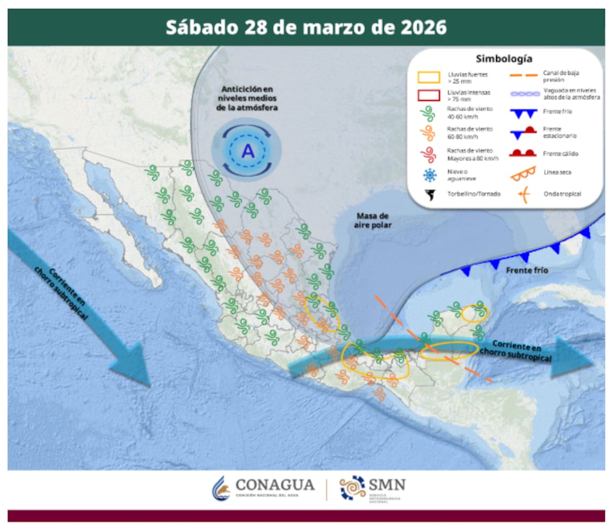 Pronóstico del clima para el sábado 28 de marzo del 2026. | Crédito: SMN