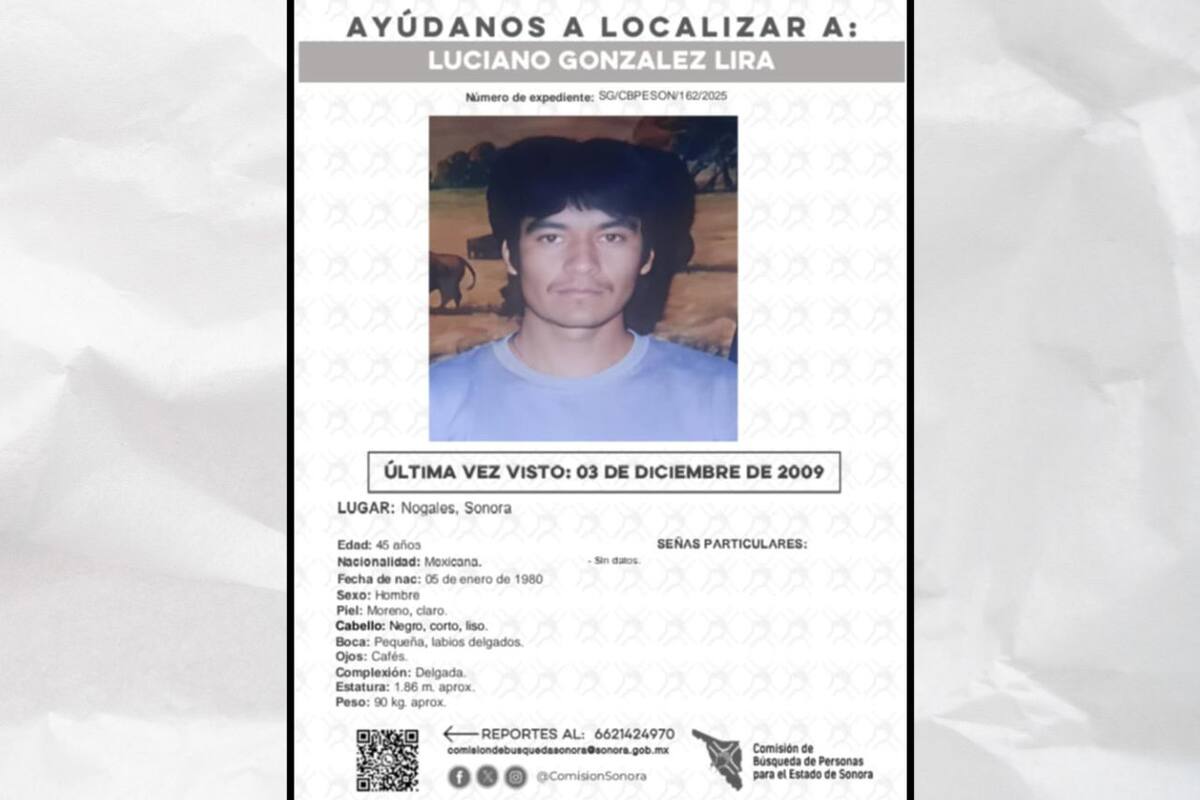 Emiten ficha de búsqueda para Luciano Gonzalez Lira, visto por última vez en diciembre de 2009