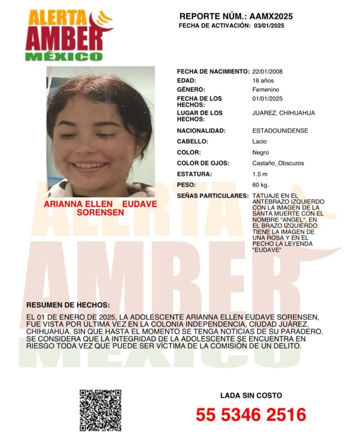 Alerta Amber de Arianna Ellen Eudave Sorense, de 16 años.