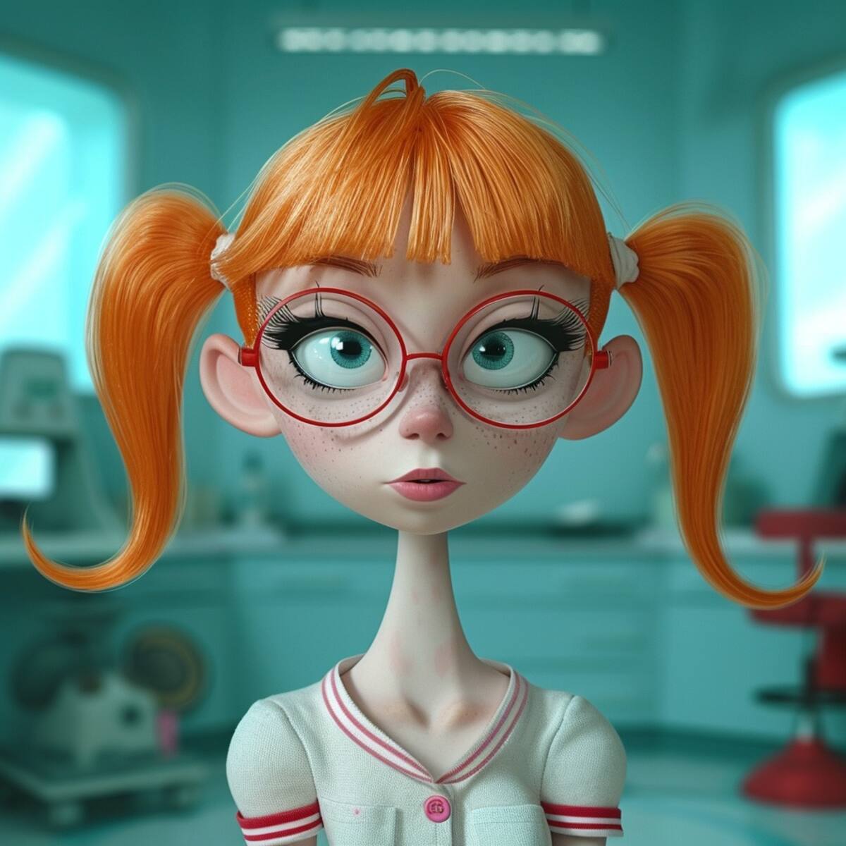 Descubre a Dee Dee, la adorable niña traviesa, con un toque distintivo de lentes en la imaginación artística de Midjourney.