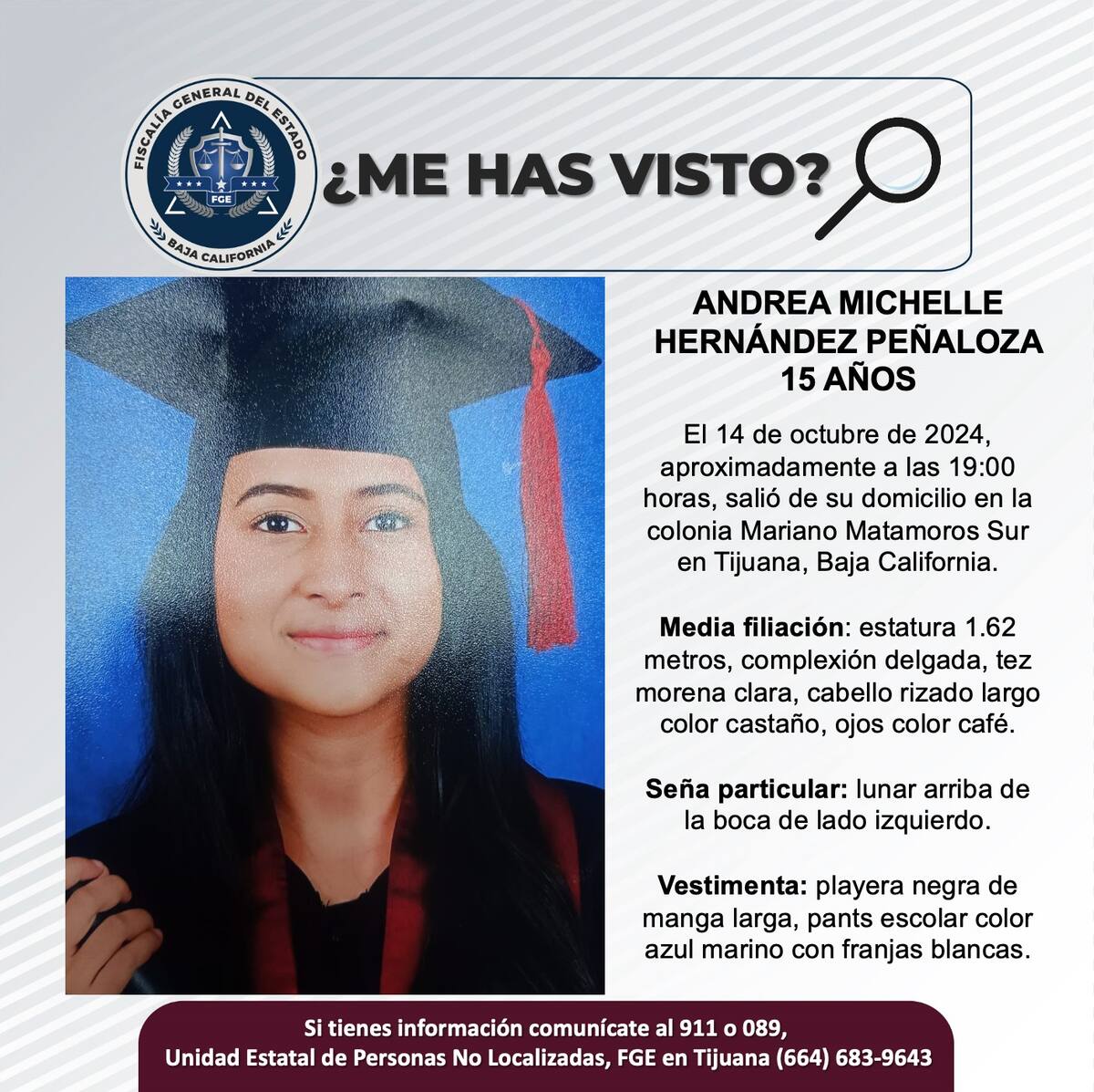 Andrea Michelle Hernández Peñaloza fue vista por última vez el 14 de octubre del 2024.