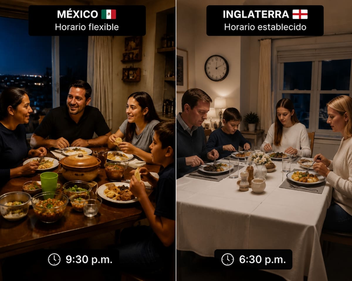 Mientras en México la cena puede ser a cualquier hora, en Inglaterra cada comida sigue un horario preciso. | Imagen hecha con IA de ChatGPT