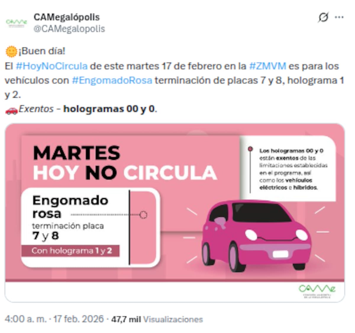 Pese a que había informado que se mantendría la contingencia ambiental y, por ende, el Doble Hoy No Circula, la nueva publicación que realizó indicó que volvería a la normalidad este martes.