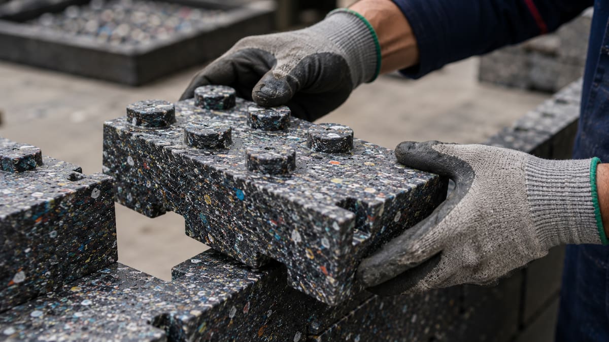 Los bloques utilizados en la construcción fueron fabricados con aproximadamente 7.5 toneladas de residuos plásticos reciclados.