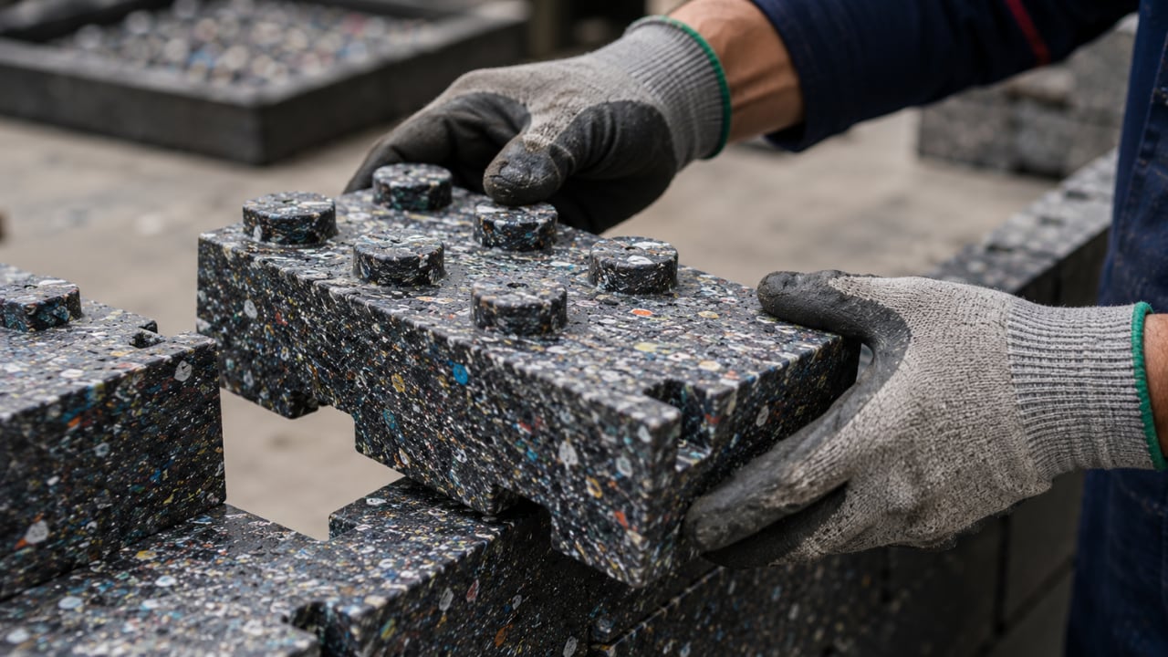 Los bloques utilizados en la construcción fueron fabricados con aproximadamente 7.5 toneladas de residuos plásticos reciclados.