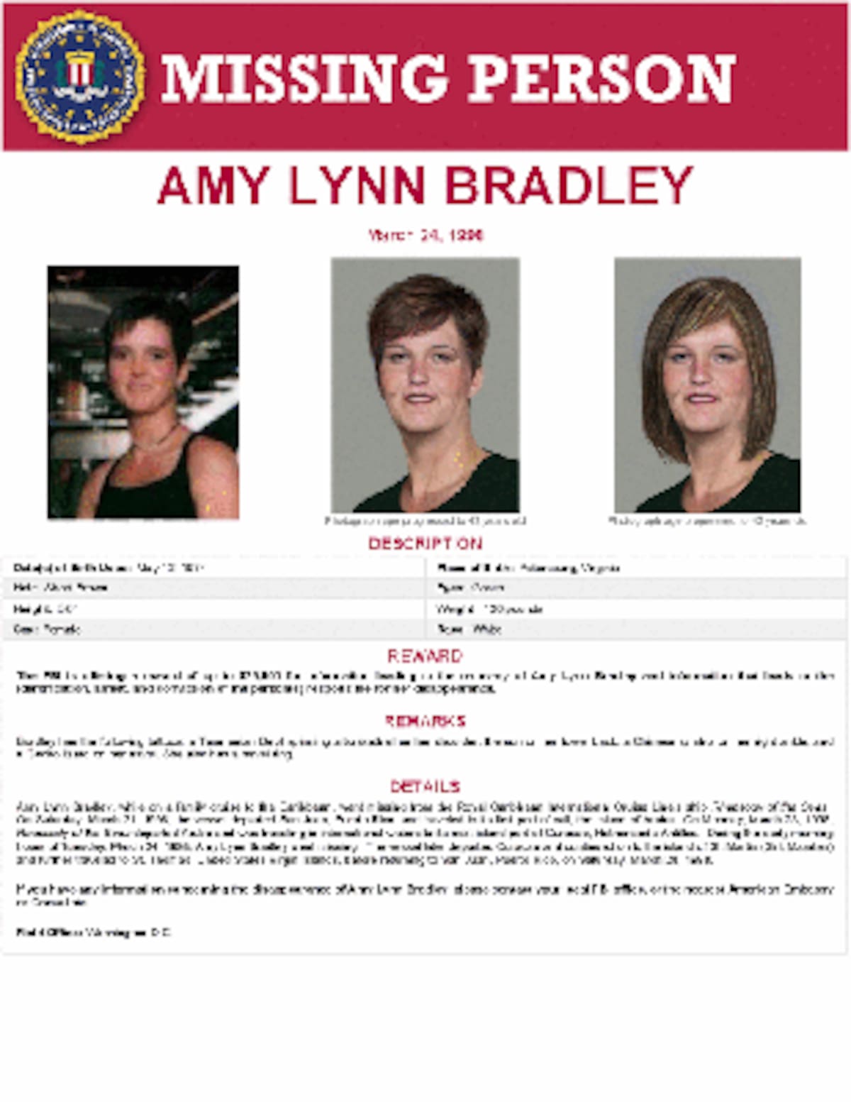 Protocolo de búsqueda para Amy Lynn Bradley en 1998.