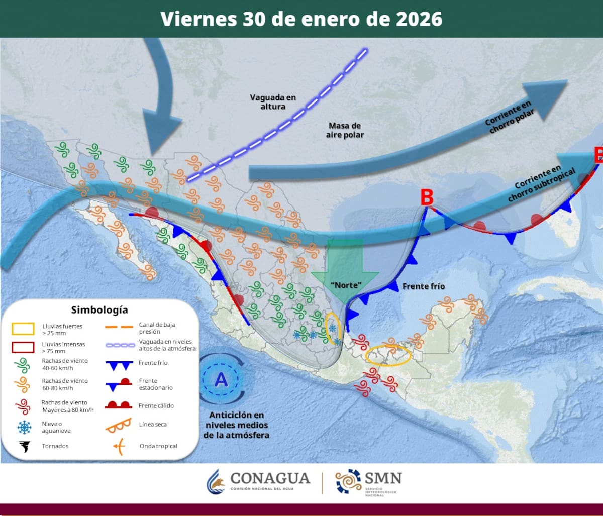 Pronóstico del clima para el viernes 30 de enero del 2026. | Crédito: SMN