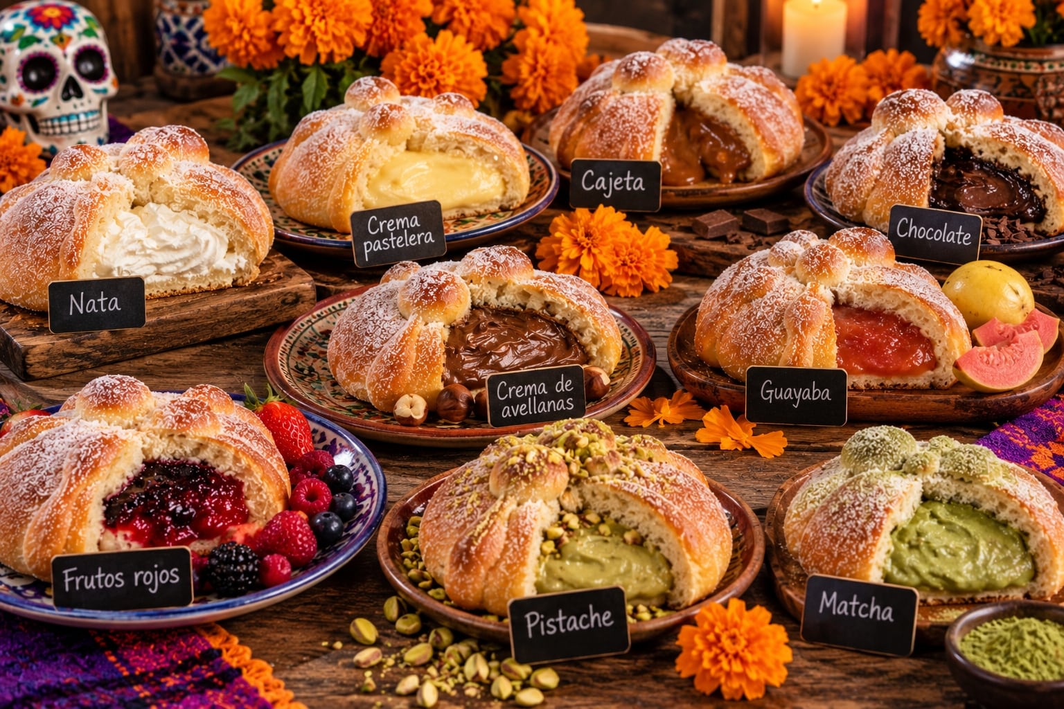 El pan de muerto también se ofrece en versiones contemporáneas con rellenos como nata, crema pastelera, cajeta, chocolate, crema de avellanas, guayaba, frutos rojos, pistache y matcha. | Crédito: Imagen hecha con IA de ChatGPT