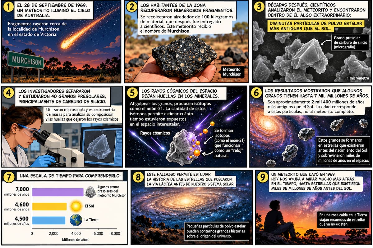Los granos presolares conservan señales químicas de su exposición a los rayos cósmicos, una herramienta que permite investigar cuánto tiempo permanecieron en el espacio interestelar.