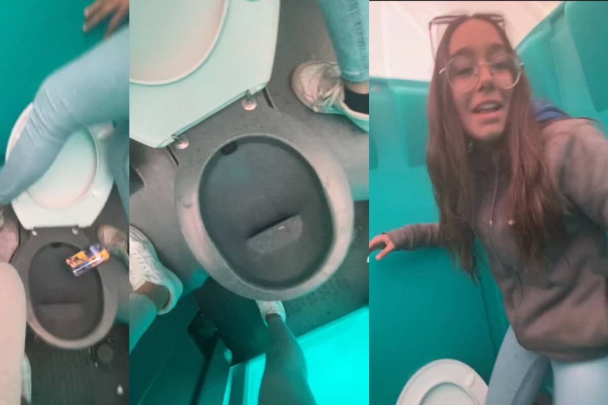 Joven pierde su celular de la PEOR manera: ¡se le cae en el inodoro de un baño portátil!