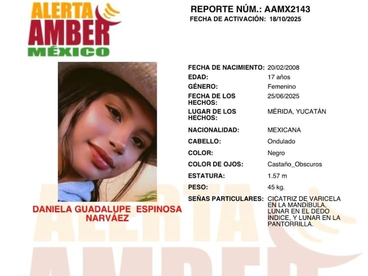 Activan Alerta Amber Daniela Guadalupe Espinosa Narváez de 17 años
