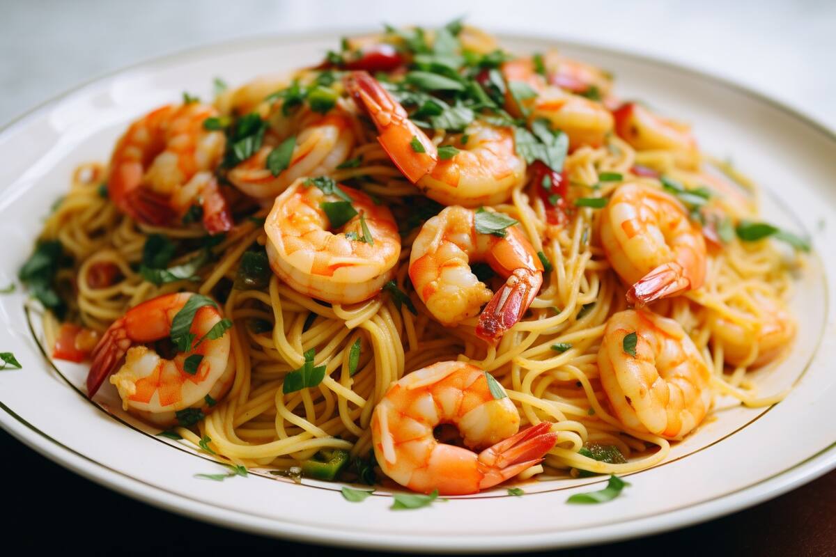 Receta de espagueti con camarones para Navidad