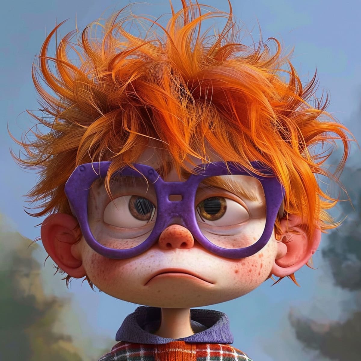 La inteligencia artificial de Midjourney ha creado una representación sorprendente de Carlitos de los Rugrats, visualizándolo como un niño pelirrojo con unos grandes anteojos de tono morado.