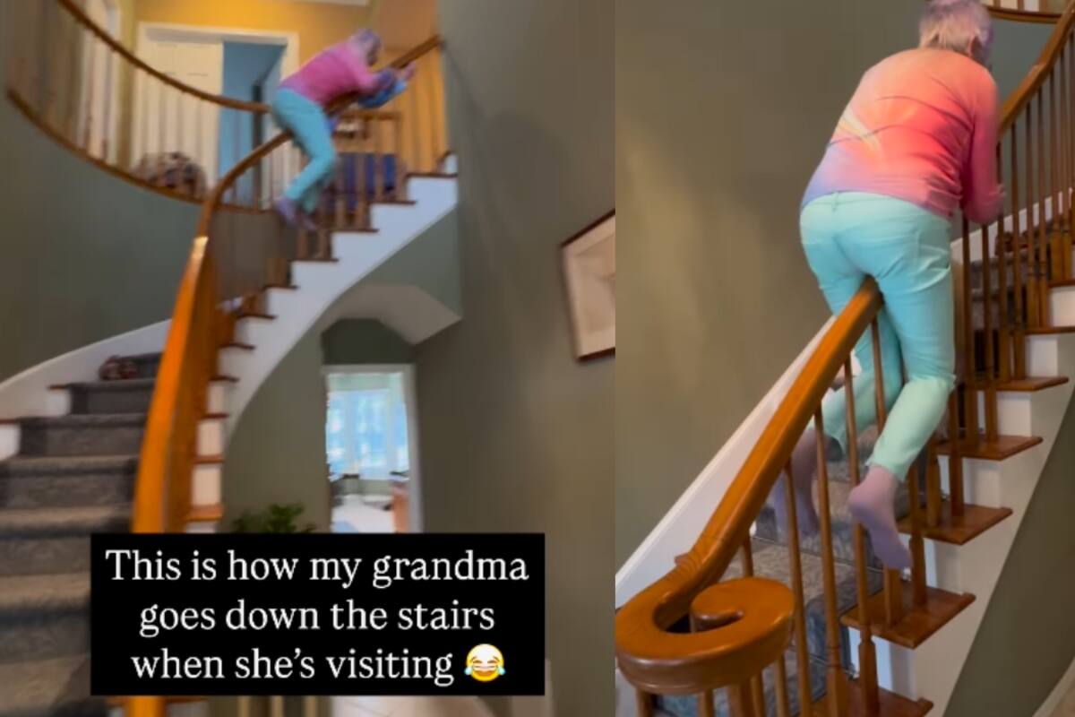 Increíble: Abuela sorprende al deslizarse de espaldas por el barandal de las escaleras