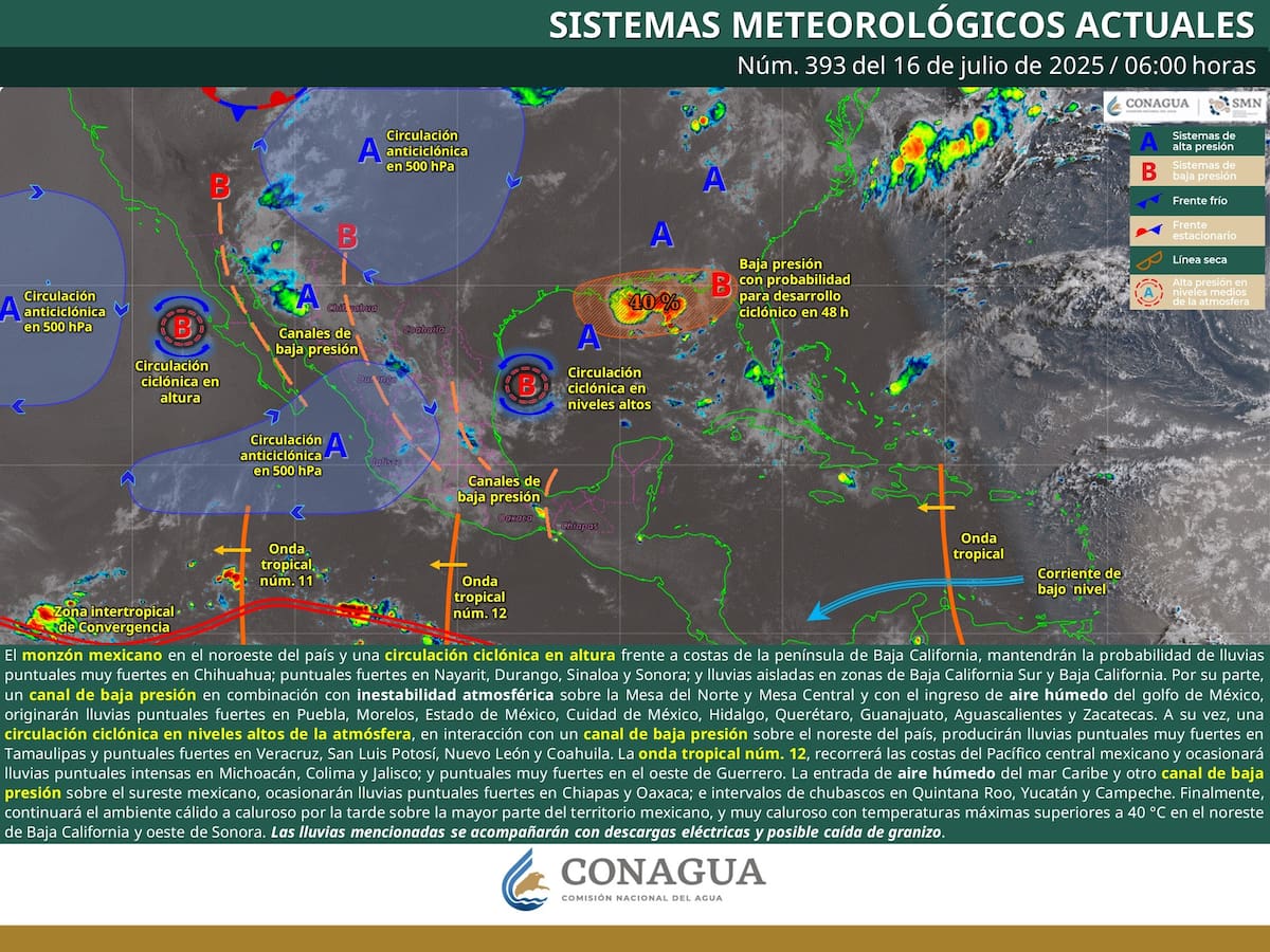 Clima en México este 16 de julio mostrado gráficamente. Foto: Conagua