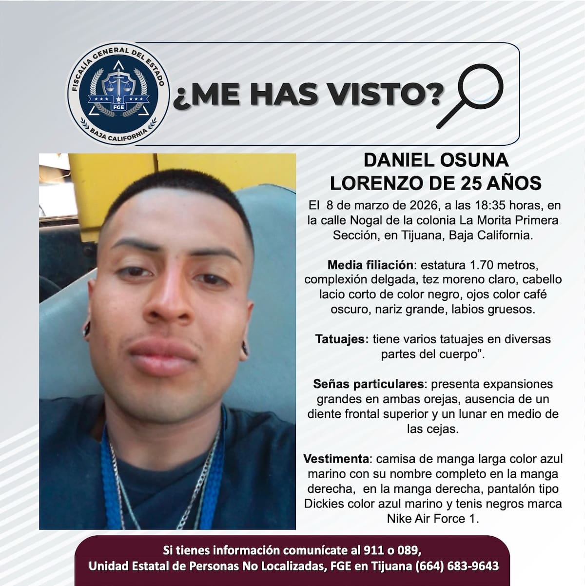 Fue visto por última vez el 8 de marzo de 2026.