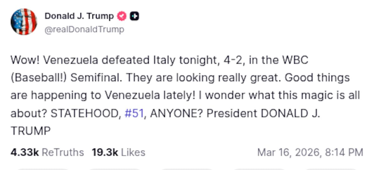 Publicación del presidente de Estados Unidos, Donald Trump en la plataforma Truth Social. (Foto: Captura de pantalla)