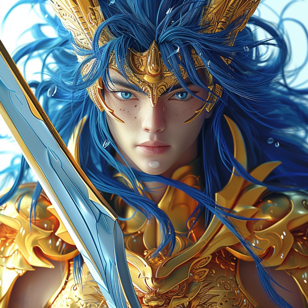 El legado de Kanon de Géminis perdura: la inteligencia artificial revela su imagen renovada, con cabello azul y un traje dorado resplandeciente.