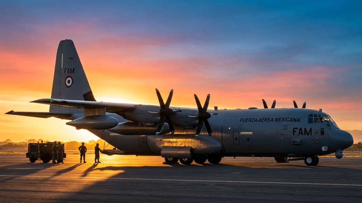 El nuevo C-130J-30 Super Hercules de la Fuerza Aérea Mexicana, primer ejemplar de su tipo en América Latina, representa la cúspide de la modernización del transporte táctico nacional para misiones de auxilio y seguridad. (Foto: Ilustrativa hecha con IA)