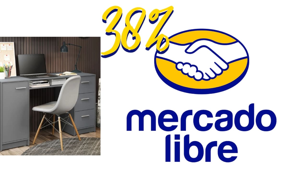 Ofertas en Mercado Libre: escritorio gris con 3 cajones y 38% de descuento