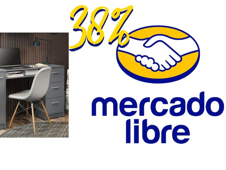 Ofertas en Mercado Libre: escritorio gris con 3 cajones y 38% de descuento