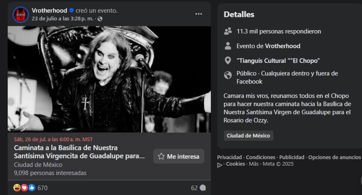Organizan caminata a la Basílica de Guadalupe y un rosario para Ozzy Osbourne / Captrua Facebook