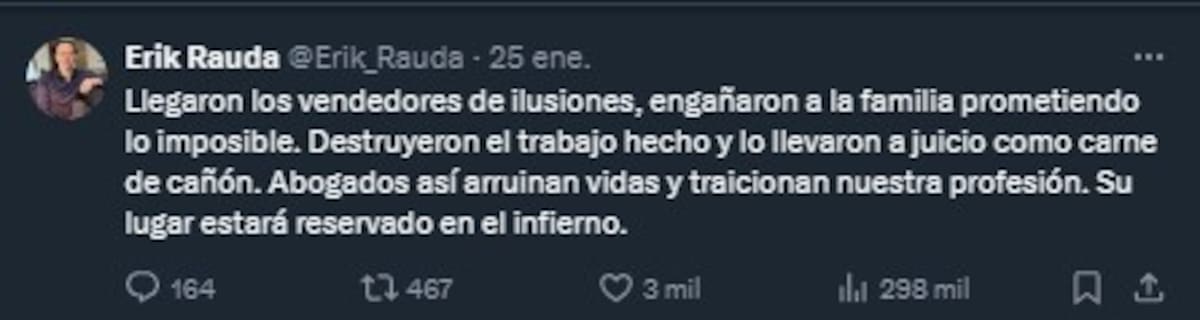 Erik Rauda reacciona al fallo en contra de Fofo Márquez / Cuenta de X: @Erik_Rauda