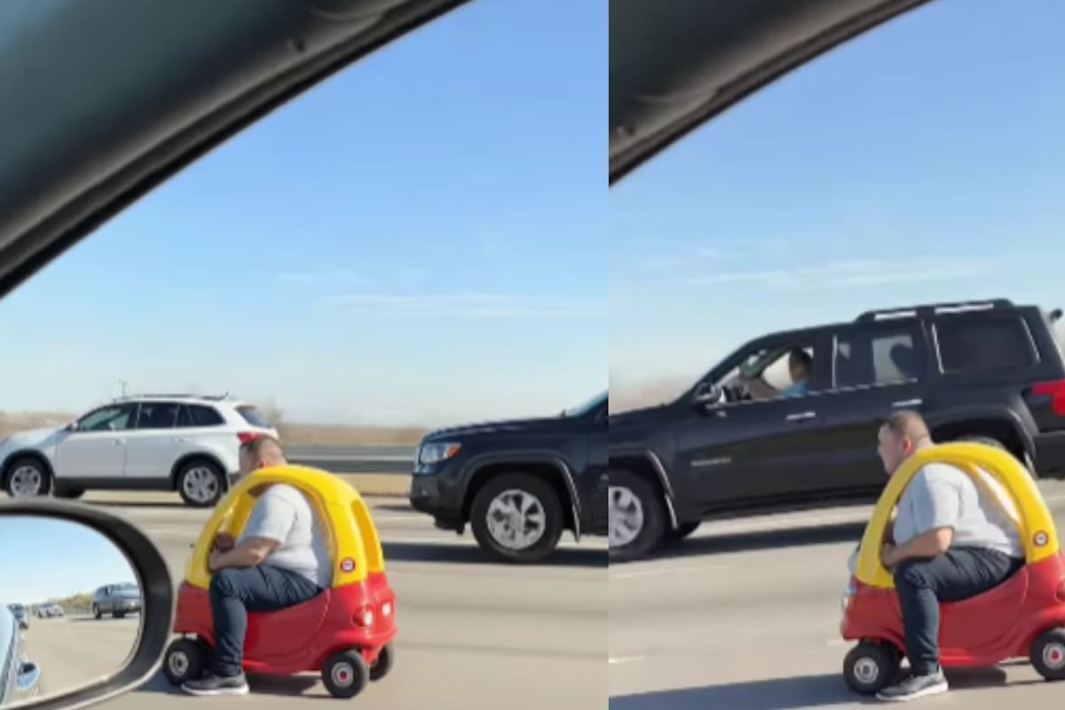 “Todo bien mientras tenga licencia de conducir”: hombre es captado manejando un carro de juguete en plena carretera