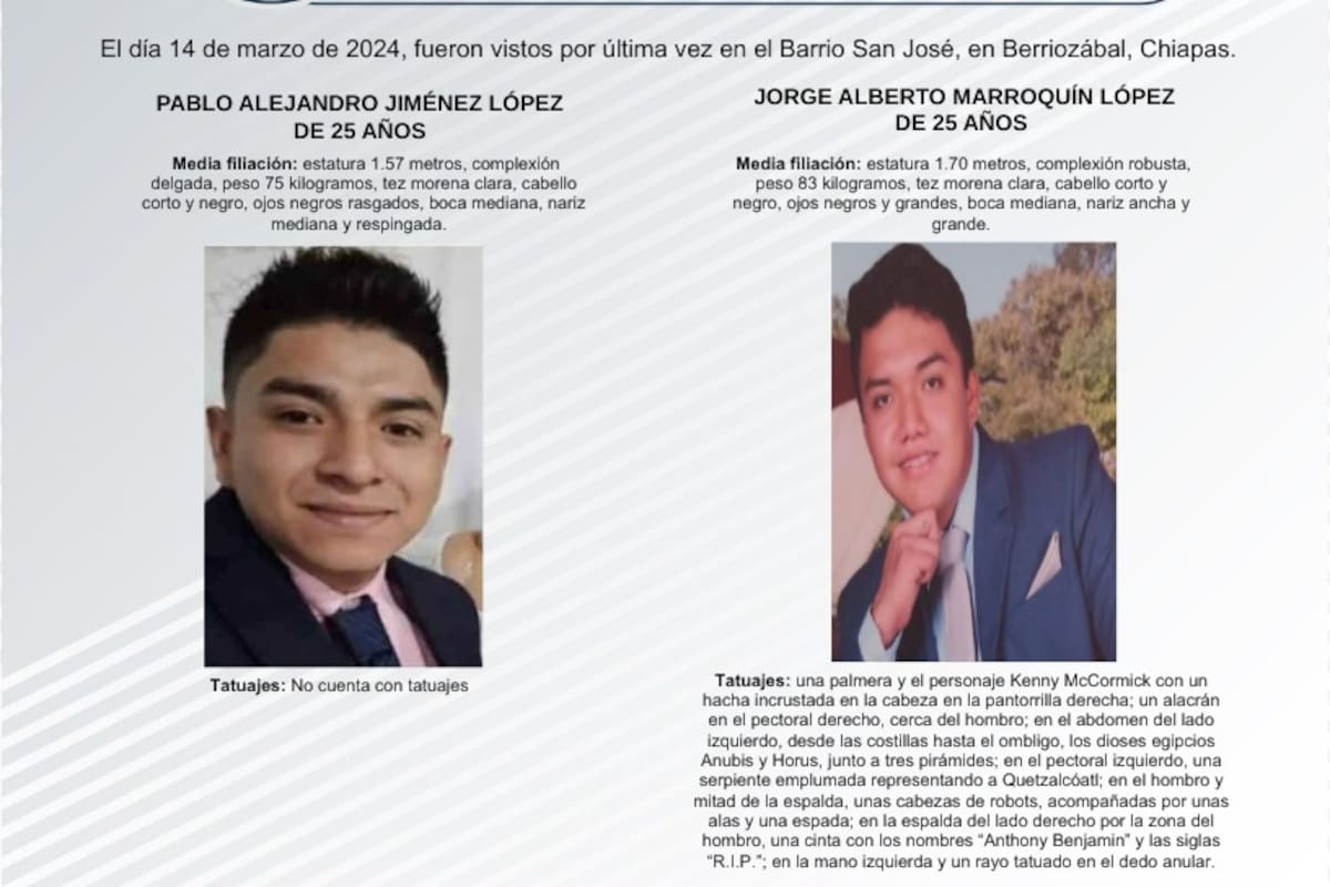 Se busca a Pablo Alejandro Jiménez López y Jorge Alberto Marroquín López de 25 años de edad