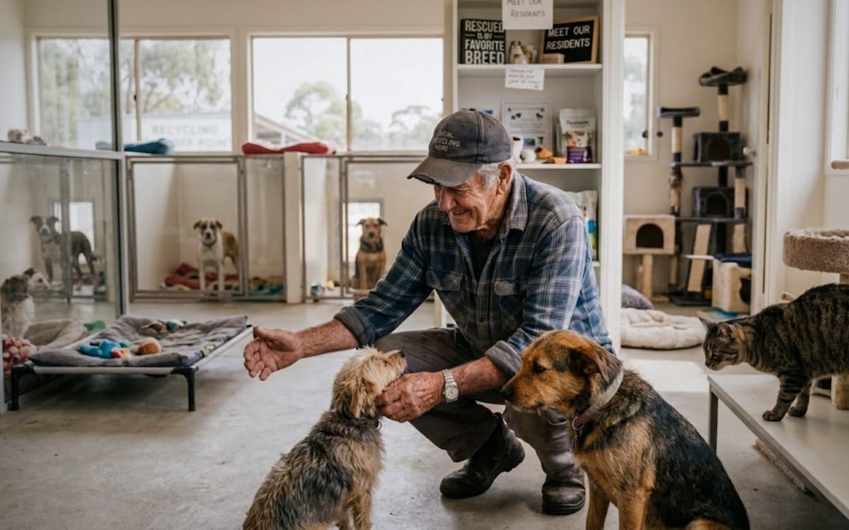Un hombre adulto mayor conviviendo con perros y gatos rescatados en un refugio animal. Imagen creada con IA para ilustrar la nota lo más cercano a la realidad posible.
