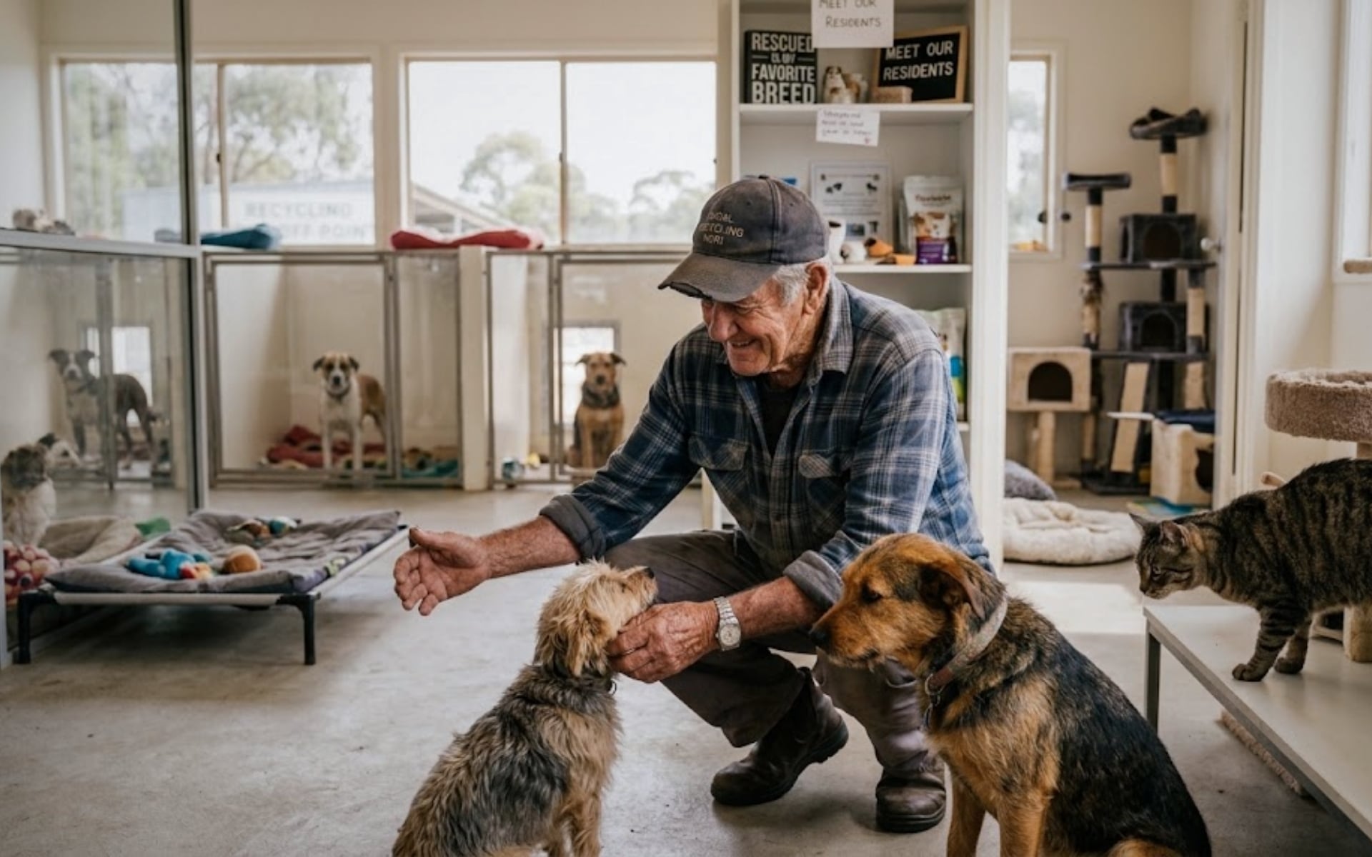 Un hombre adulto mayor conviviendo con perros y gatos rescatados en un refugio animal. Imagen creada con IA para ilustrar la nota lo más cercano a la realidad posible.
