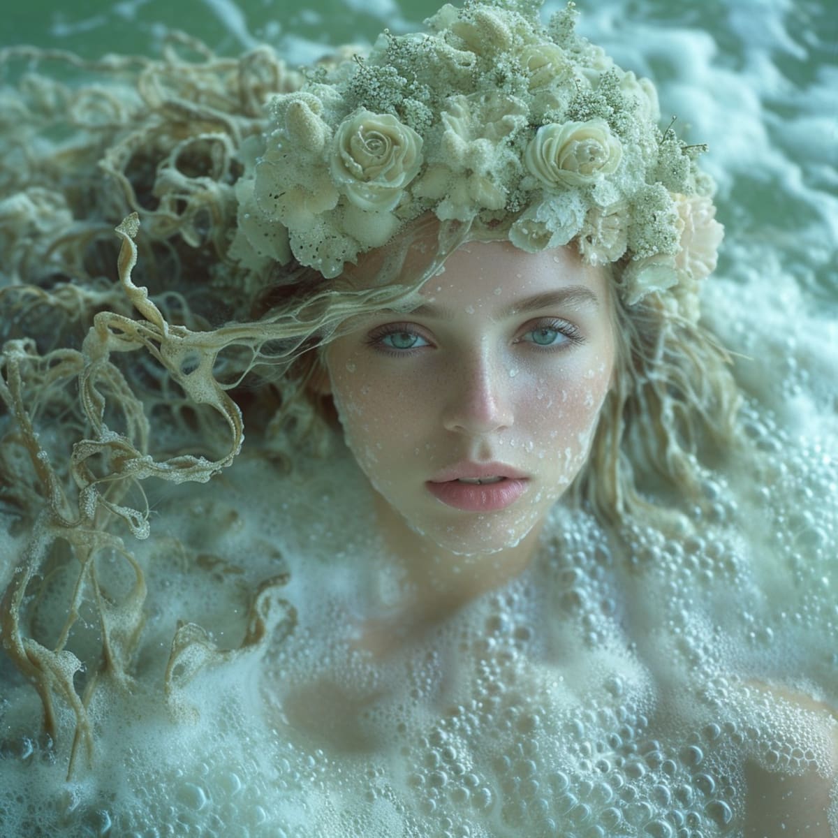 La representación fusiona la tradición mitológica con la creatividad de la tecnología, ofreciendo una perspectiva única de Afrodita emergiendo del mar.